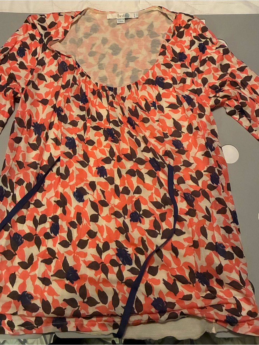 Boden Coral, Navy & Brown Floral Scoop Neck Blouse